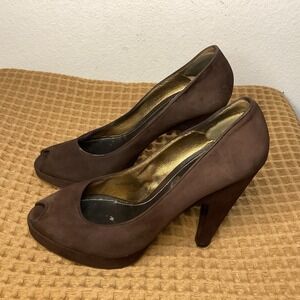 Prada Milano Women's High Heels Size 36.5 Brown Suede Peep Toe Platform Pumps